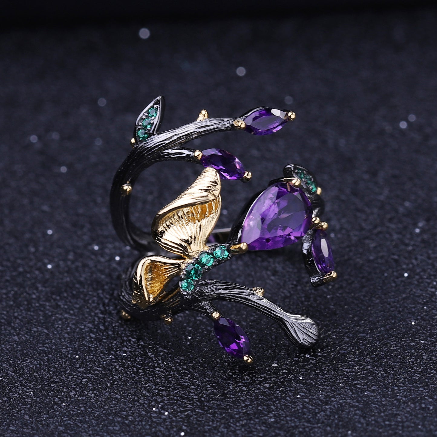 OliyaDesign Russian Secret Garden Natural Style Butterfly S925 Sterling Silver Natural Amethyst Ring