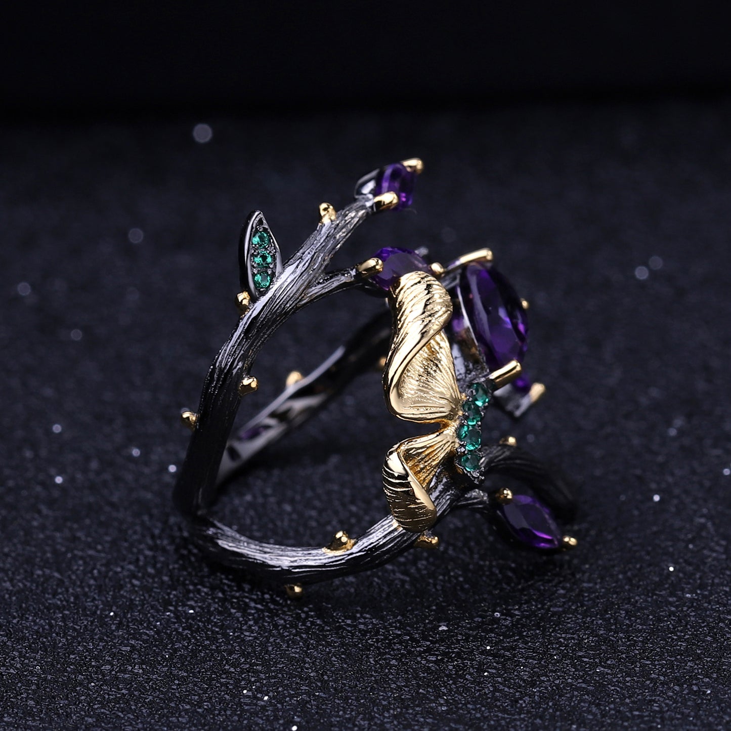 OliyaDesign Russian Secret Garden Natural Style Butterfly S925 Sterling Silver Natural Amethyst Ring