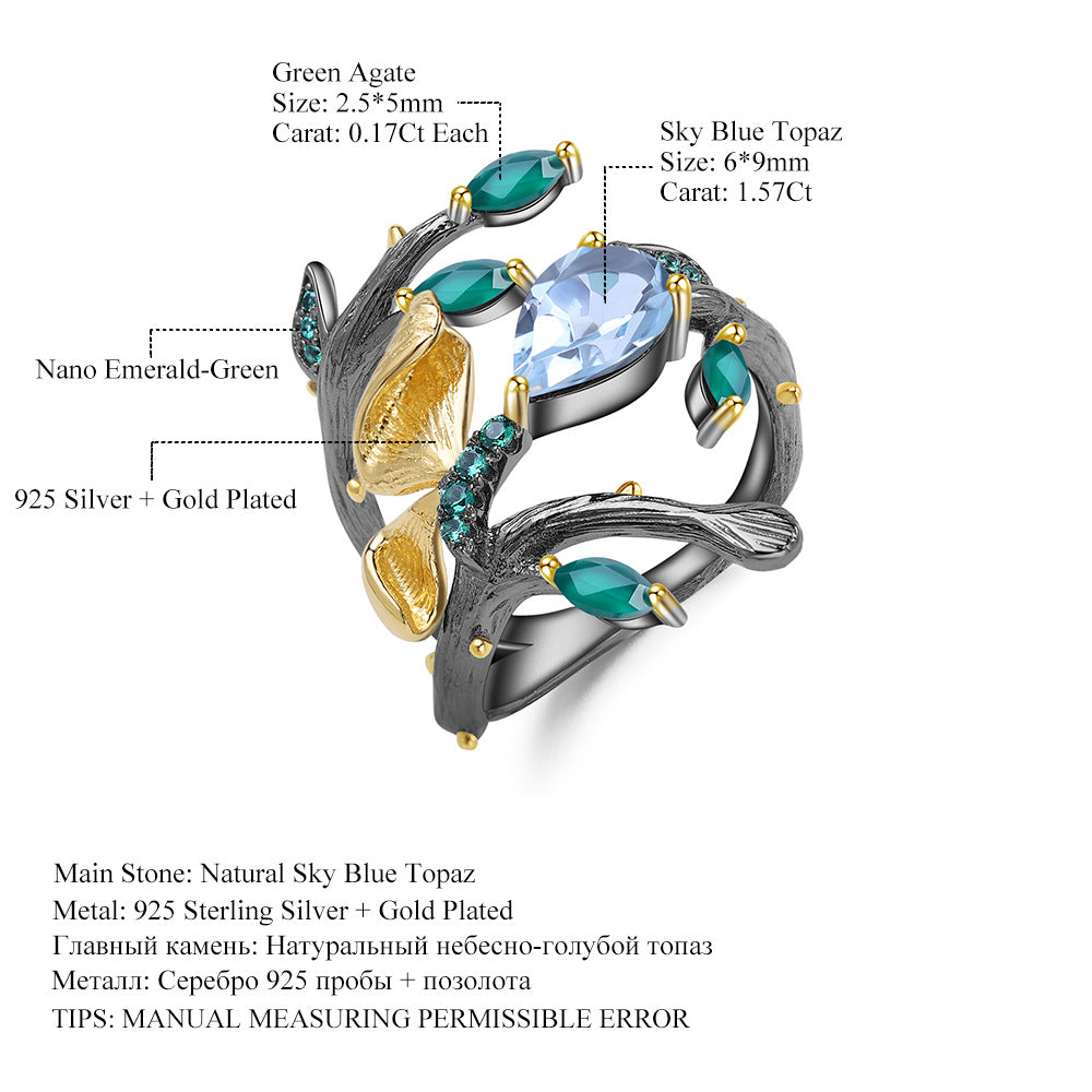 OliyaDesign Russian Secret Garden Natural Style Butterfly S925 Sterling Silver Natural Amethyst Ring