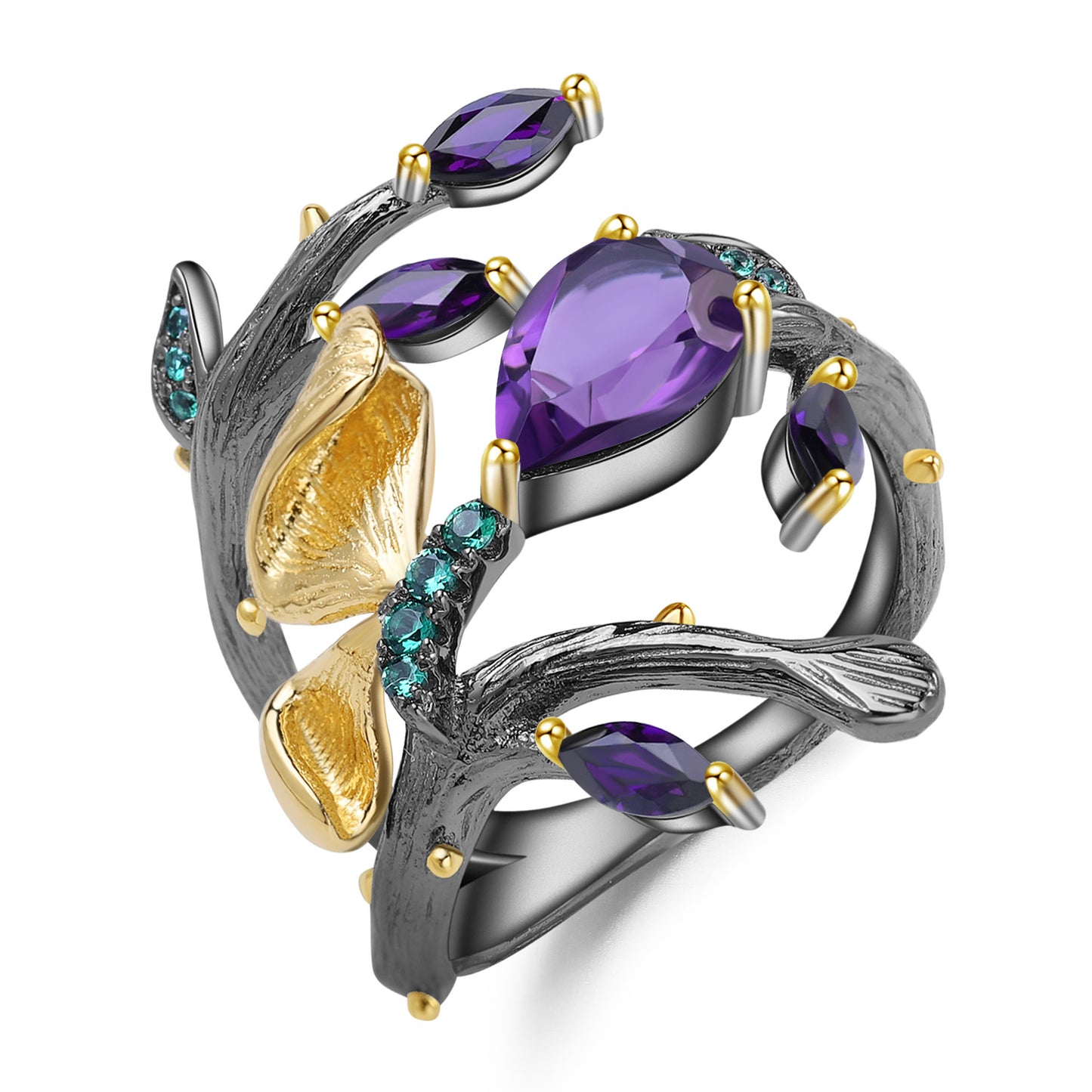 OliyaDesign Russian Secret Garden Natural Style Butterfly S925 Sterling Silver Natural Amethyst Ring