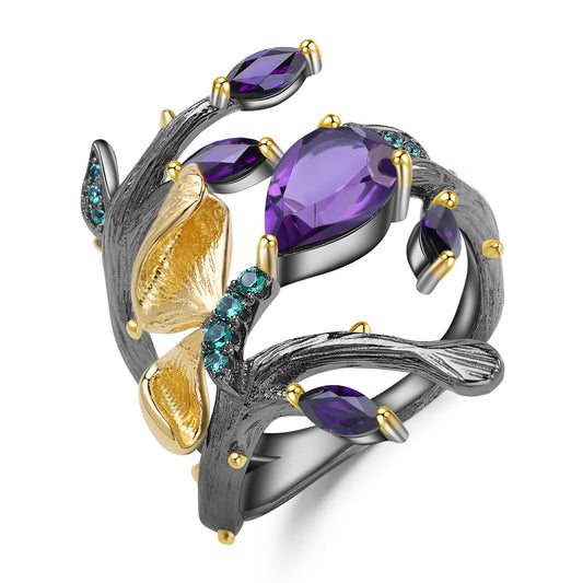 Russian Secret Garden Natural Style Butterfly S925 Sterling Silver Natural Amethyst Ring