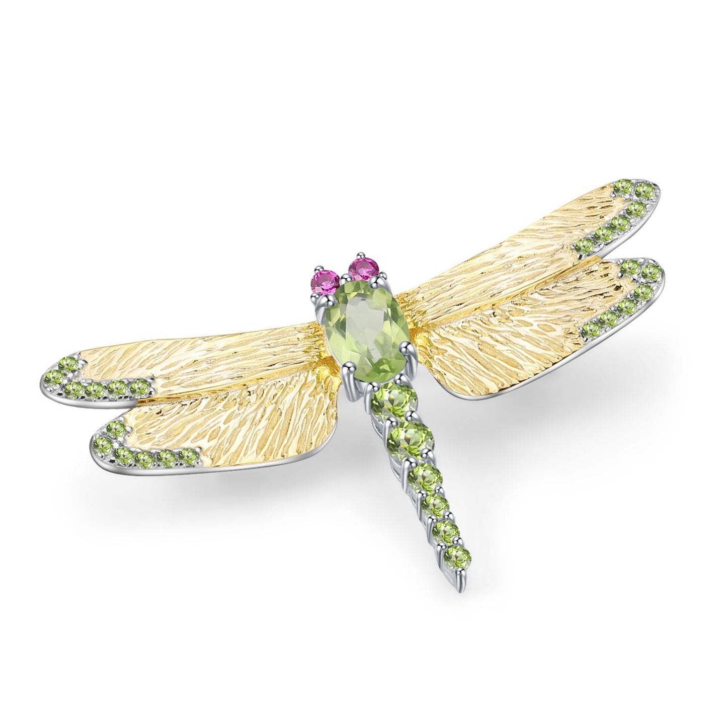 OliyaDesign Designer-Designed Natural Gemstone Dragonfly Brooch With Classic And Elegant S925 Sterling Silver And Natural Peridot.