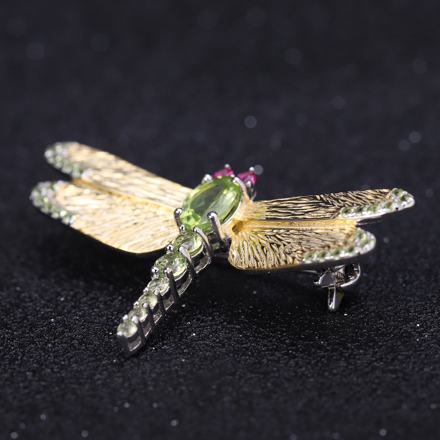 OliyaDesign Designer-Designed Natural Gemstone Dragonfly Brooch With Classic And Elegant S925 Sterling Silver And Natural Peridot.