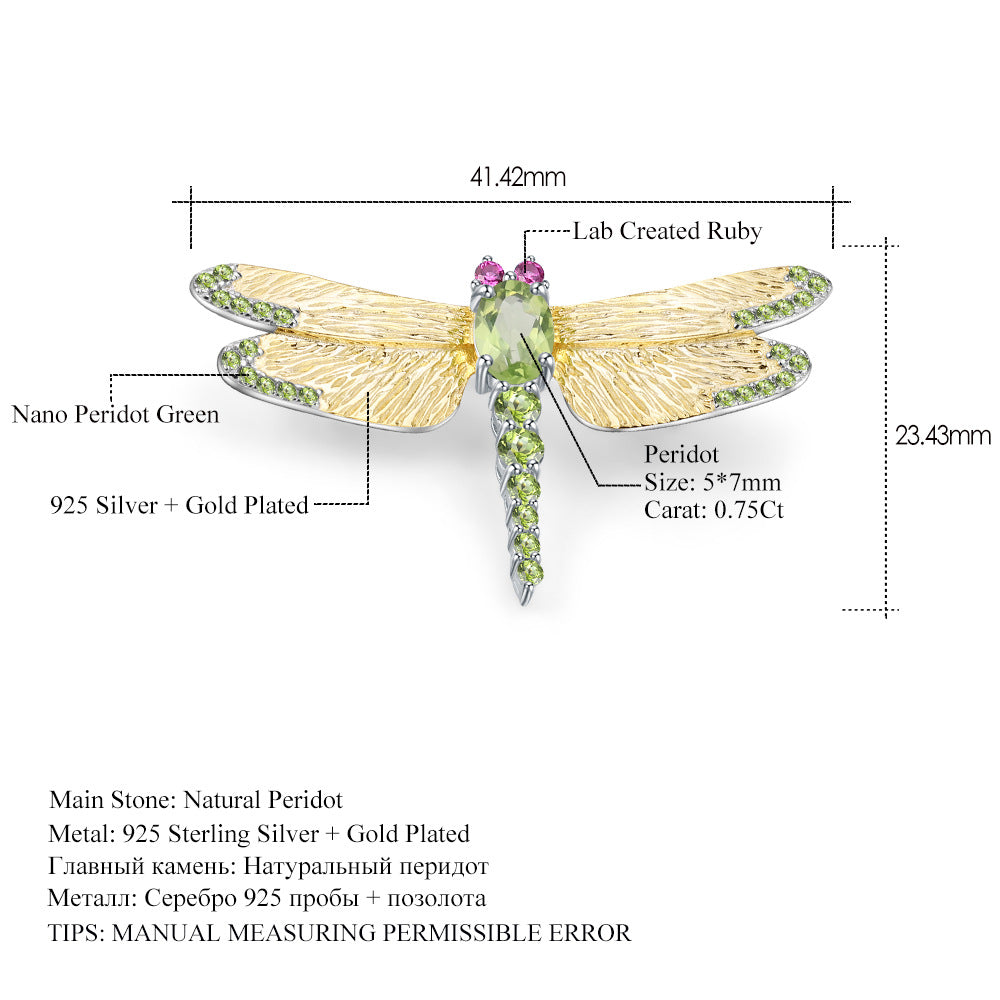 OliyaDesign Designer-Designed Natural Gemstone Dragonfly Brooch With Classic And Elegant S925 Sterling Silver And Natural Peridot.