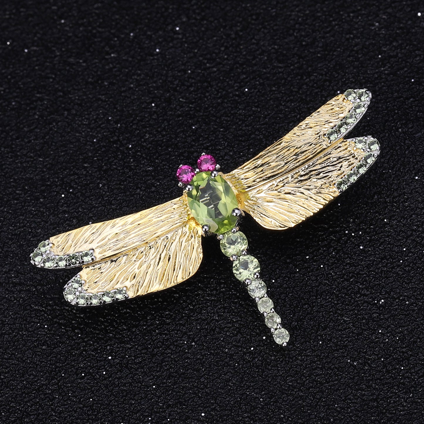 OliyaDesign Designer-Designed Natural Gemstone Dragonfly Brooch With Classic And Elegant S925 Sterling Silver And Natural Peridot.