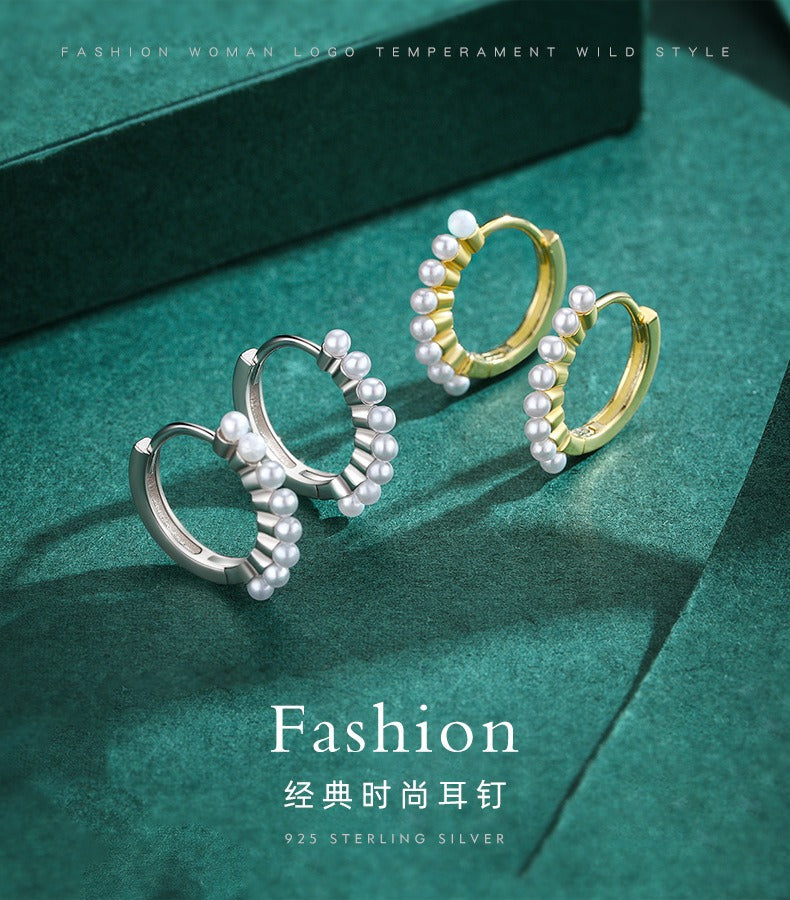 OliyaDesign S925 Sterling Silver Elegant Pearl Hoop Earrings
