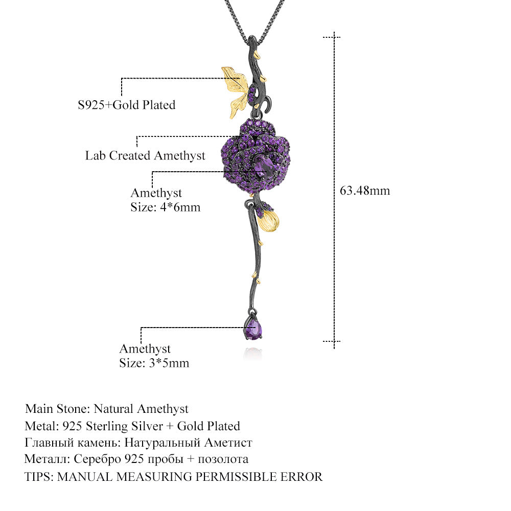 OliyaDesign Secret Garden Designer Natural Rose S925 Sterling Silver Natural Gemstone Clavicle Necklace