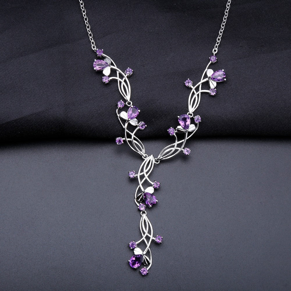 OliyaDesign A 925 Sterling Silver Necklace Inlaid With Natural Amethyst, Perfect For An Elegant Evening Wear.