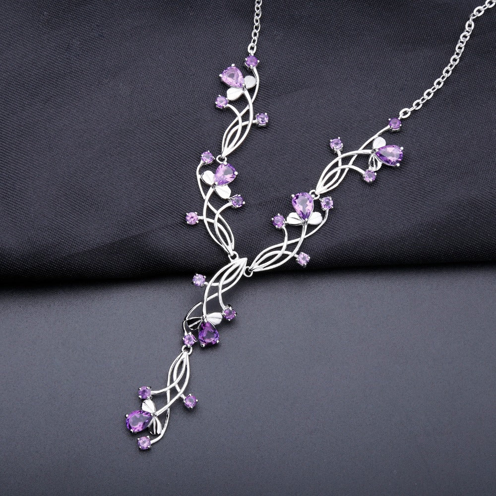 OliyaDesign A 925 Sterling Silver Necklace Inlaid With Natural Amethyst, Perfect For An Elegant Evening Wear.