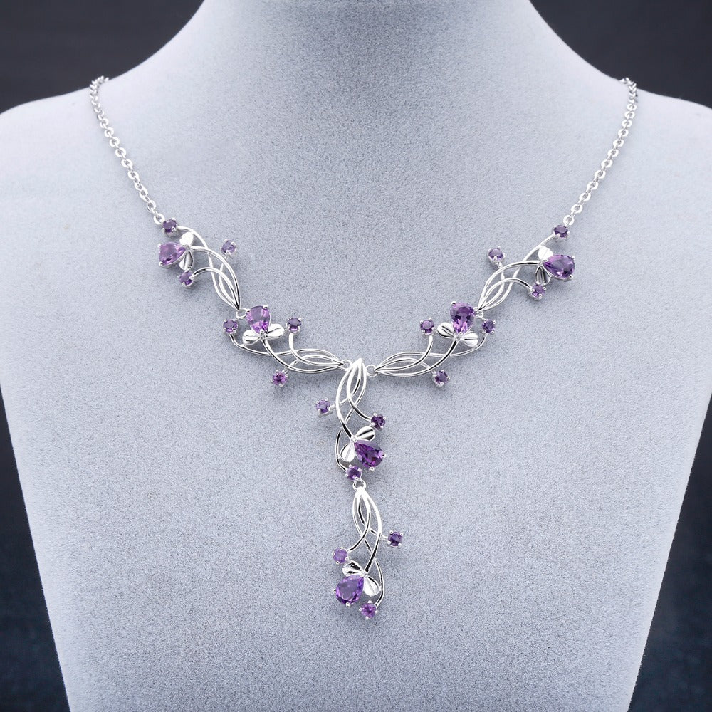 OliyaDesign A 925 Sterling Silver Necklace Inlaid With Natural Amethyst, Perfect For An Elegant Evening Wear.