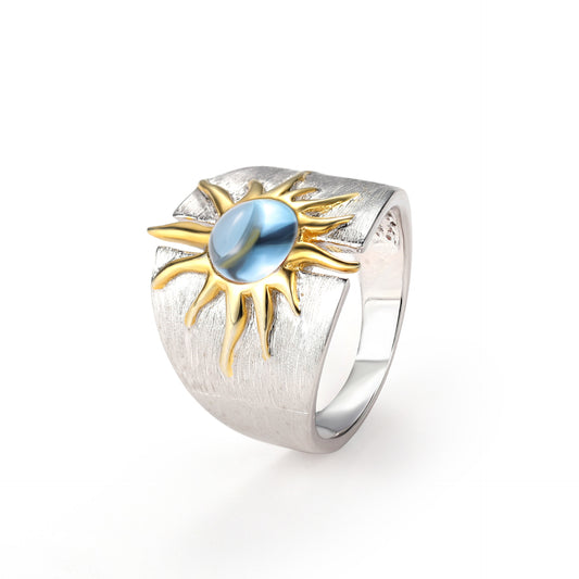 OliyaDesign Natural Topaz and Amethyst S925 Sterling Silver Unique Sun Goddess Ring