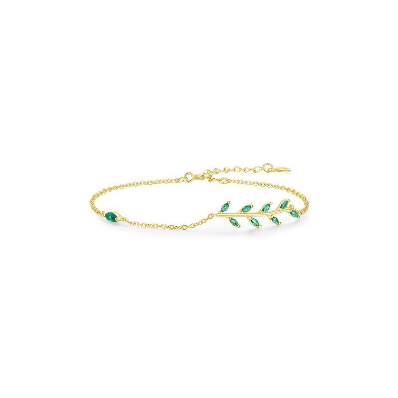 OliyaDesign S925 Sterling Silver Minimalist Green Leaf And Branch Bracelet