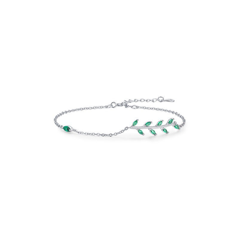 OliyaDesign S925 Sterling Silver Minimalist Green Leaf And Branch Bracelet