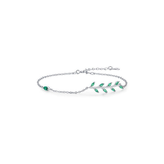 OliyaDesign S925 Sterling Silver Minimalist Green Leaf And Branch Bracelet