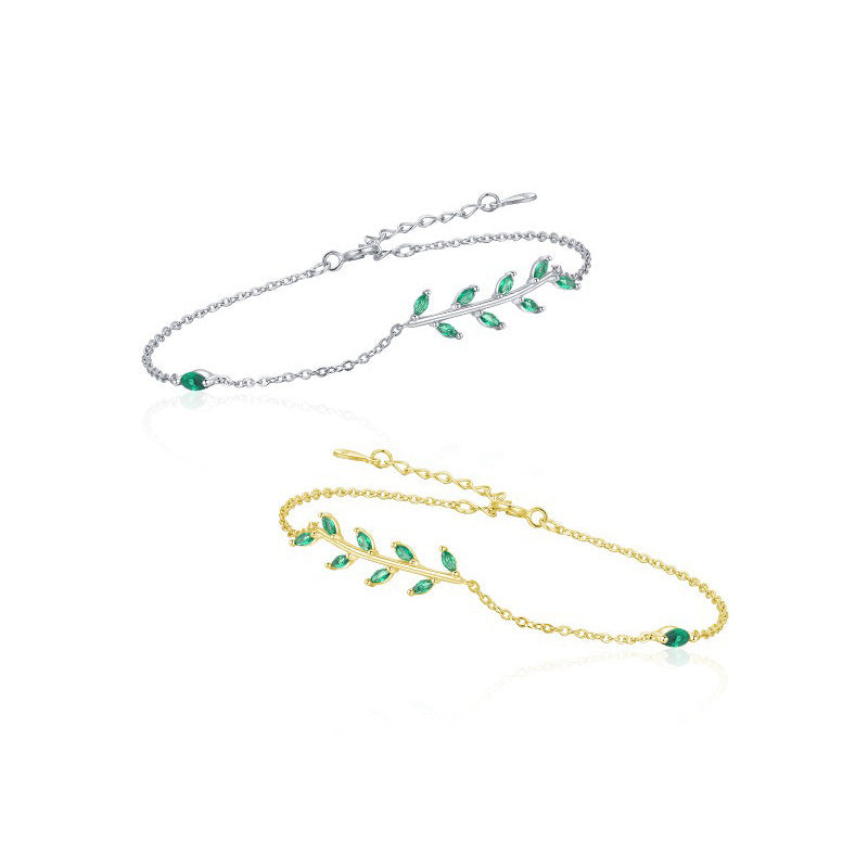 OliyaDesign S925 Sterling Silver Minimalist Green Leaf And Branch Bracelet