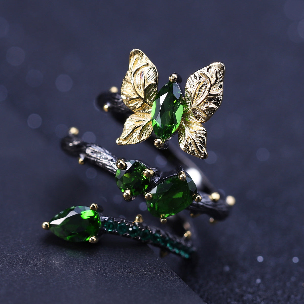 OliyaDesign Secret Garden Collection Original Design Natural Style Butterfly 925 Sterling Silver Ring with Natural Diopside