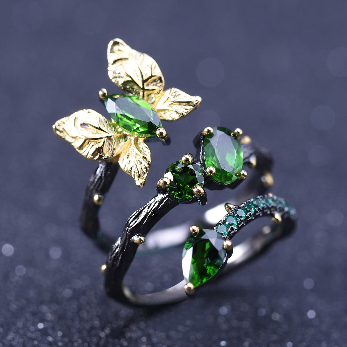 OliyaDesign Secret Garden Collection Original Design Natural Style Butterfly 925 Sterling Silver Ring with Natural Diopside
