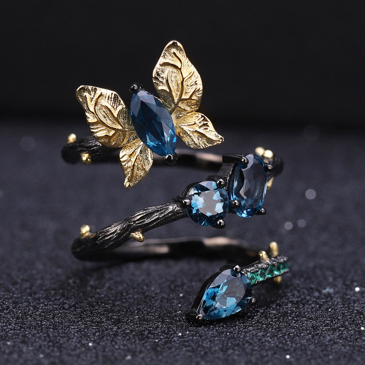 OliyaDesign Secret Garden Collection Original Design Natural Style Butterfly 925 Sterling Silver Ring with Natural Diopside