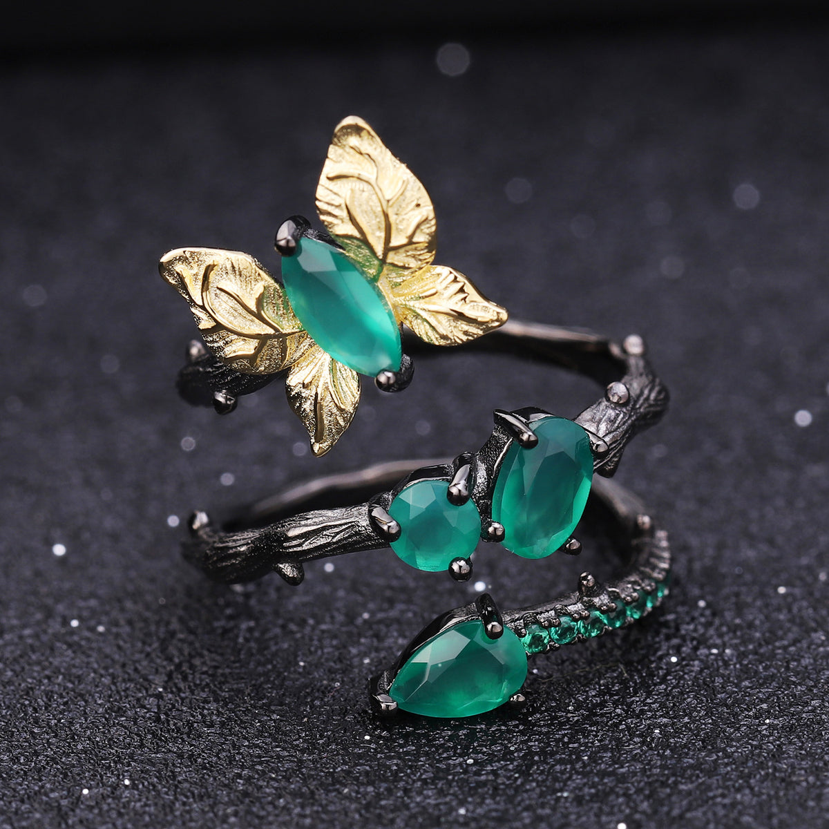 OliyaDesign Secret Garden Collection Original Design Natural Style Butterfly 925 Sterling Silver Ring with Natural Diopside