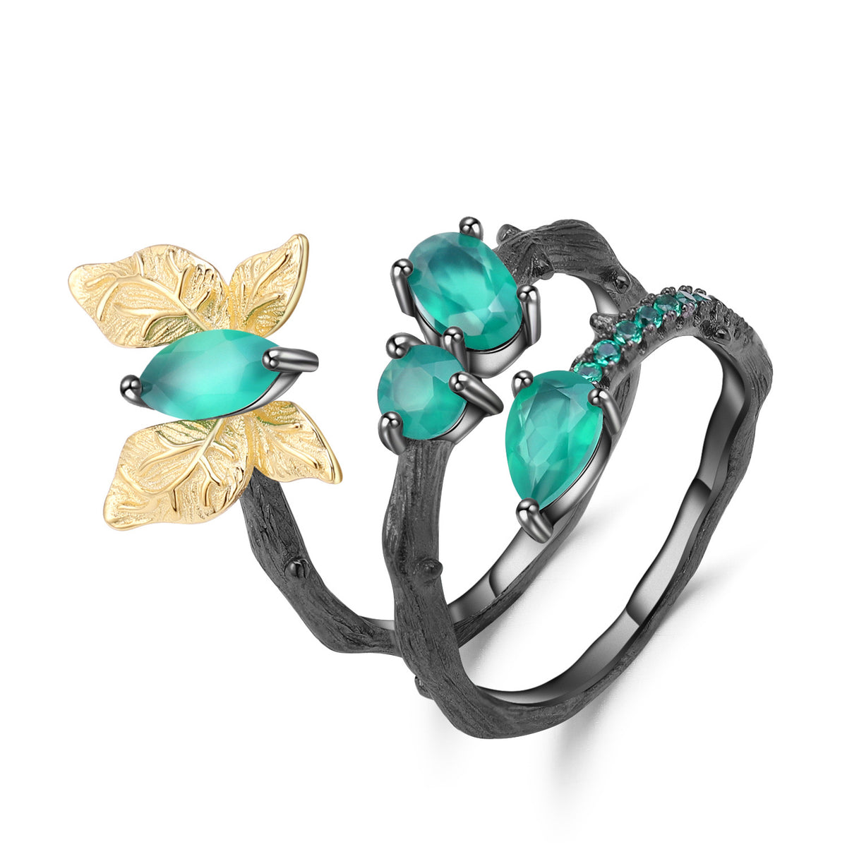 OliyaDesign Secret Garden Collection Original Design Natural Style Butterfly 925 Sterling Silver Ring with Natural Diopside