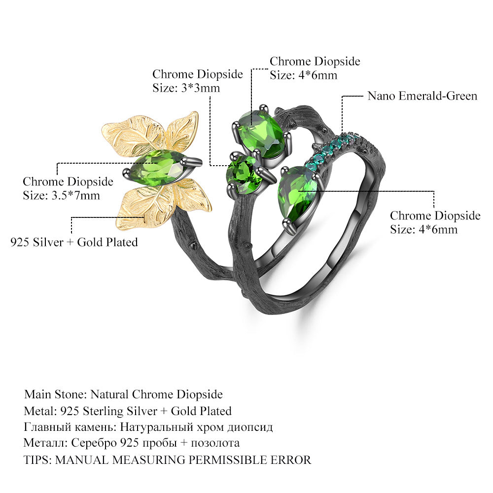 OliyaDesign Secret Garden Collection Original Design Natural Style Butterfly 925 Sterling Silver Ring with Natural Diopside