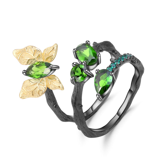 OliyaDesign Secret Garden Collection Original Design Natural Style Butterfly 925 Sterling Silver Ring with Natural Diopside