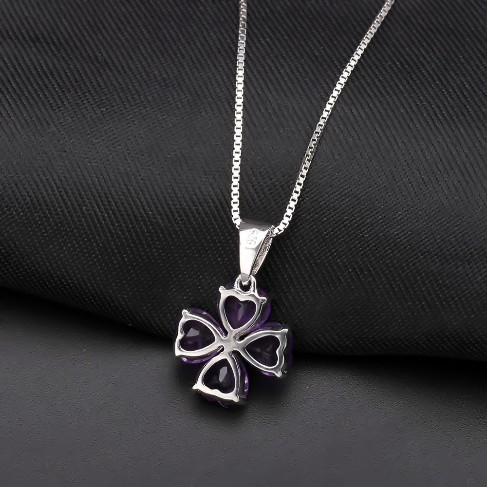 OliyaDesign Heart-Shaped Four-Leaf Clover Design 925 Silver Necklace