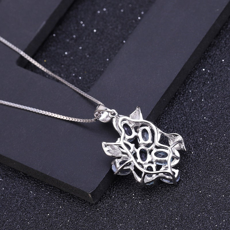 OliyaDesign European And American Vintage Style Natural Gemstone Inlaid S925 Sterling Silver Topaz Necklace