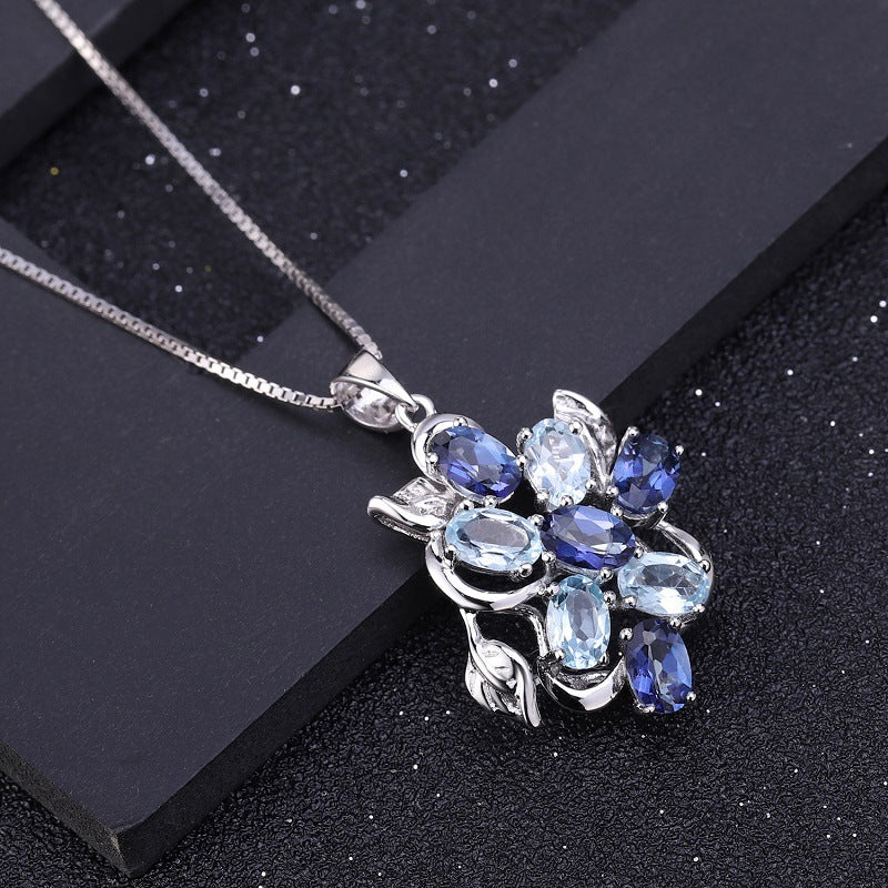 OliyaDesign European And American Vintage Style Natural Gemstone Inlaid S925 Sterling Silver Topaz Necklace