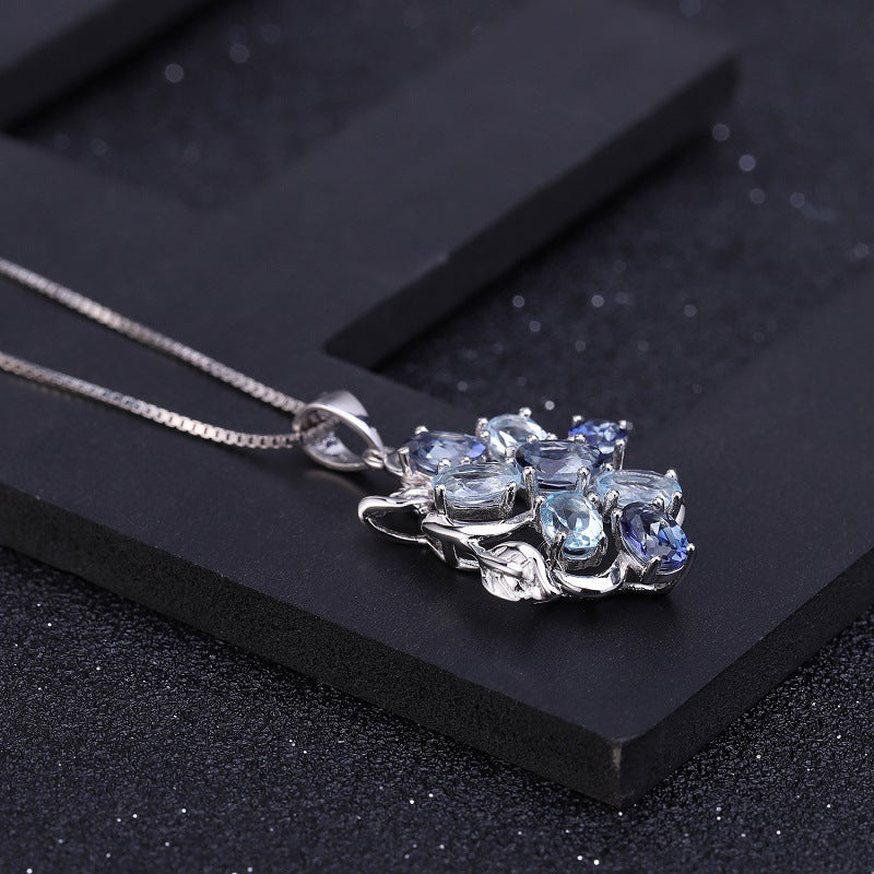 OliyaDesign European And American Vintage Style Natural Gemstone Inlaid S925 Sterling Silver Topaz Necklace