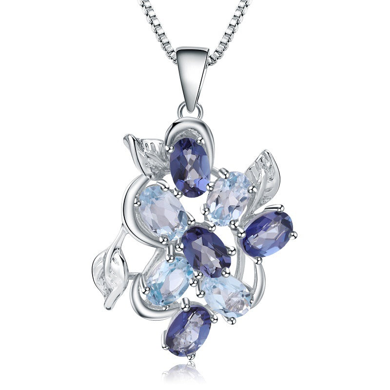 OliyaDesign European And American Vintage Style Natural Gemstone Inlaid S925 Sterling Silver Topaz Necklace