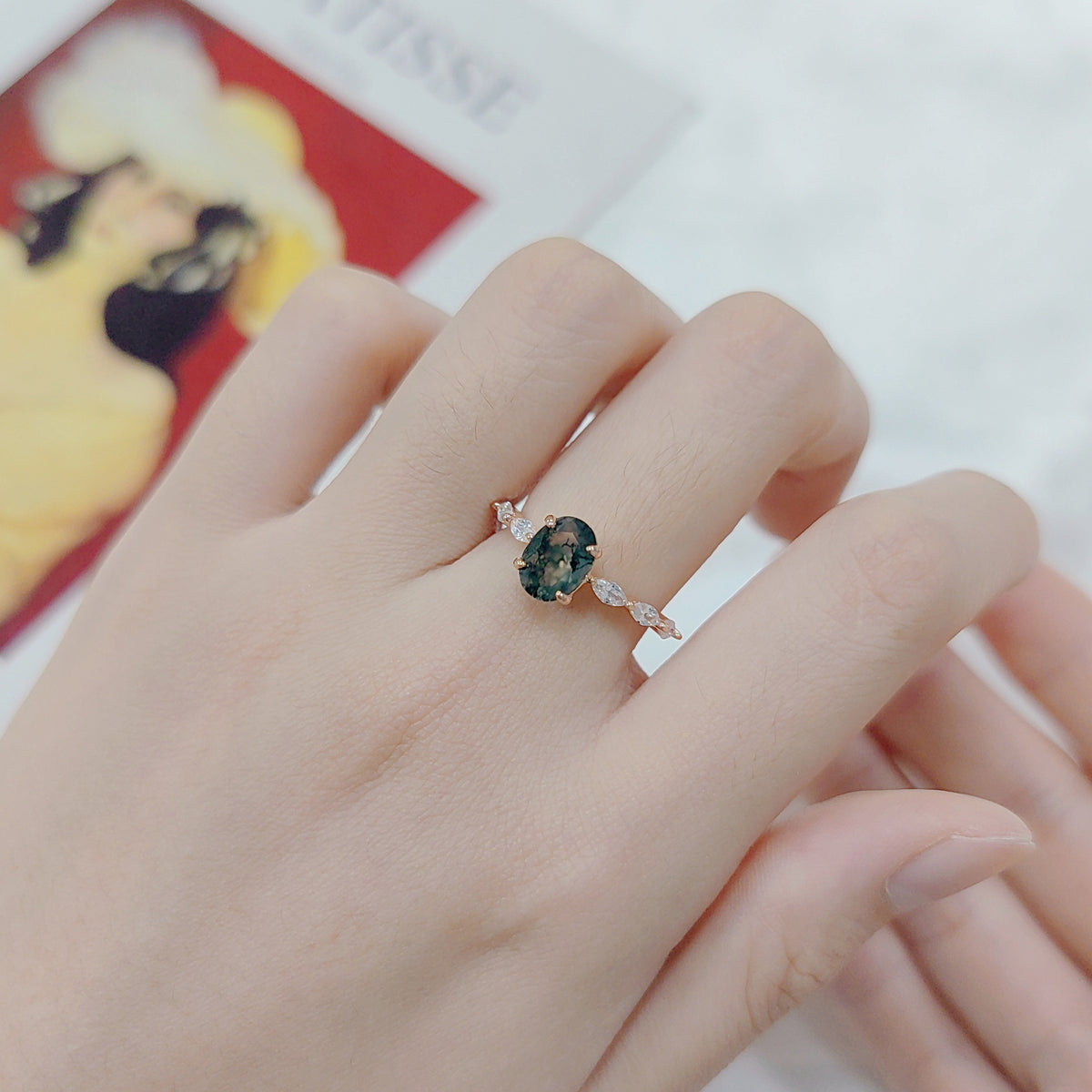 OliyaDesign Custom-Made 925 Sterling Silver Ring Plated With 18K Rose Gold And Moss Agate
