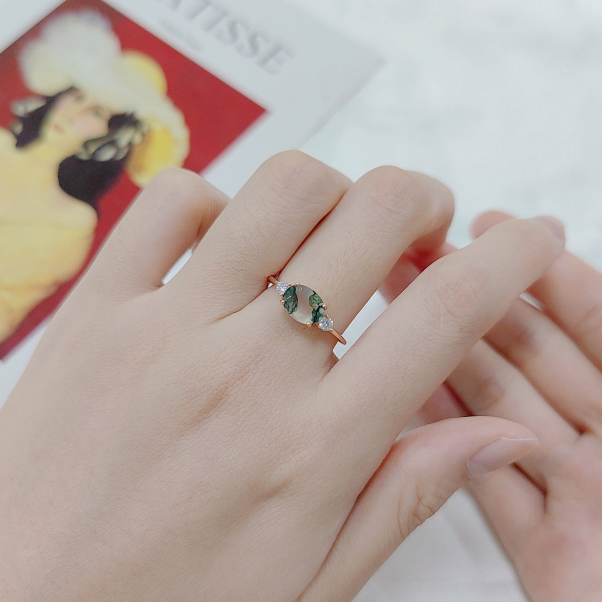 OliyaDesign Custom-Made 925 Sterling Silver Ring Plated With 18K Rose Gold And Moss Agate