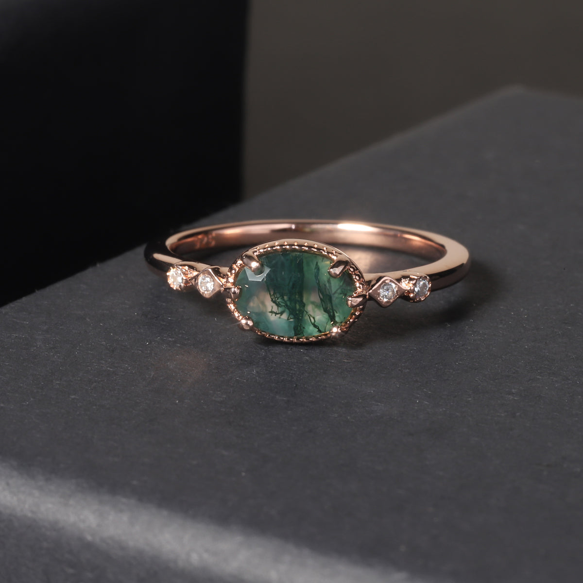 OliyaDesign Custom-Made 925 Sterling Silver Ring Plated With 18K Rose Gold And Moss Agate