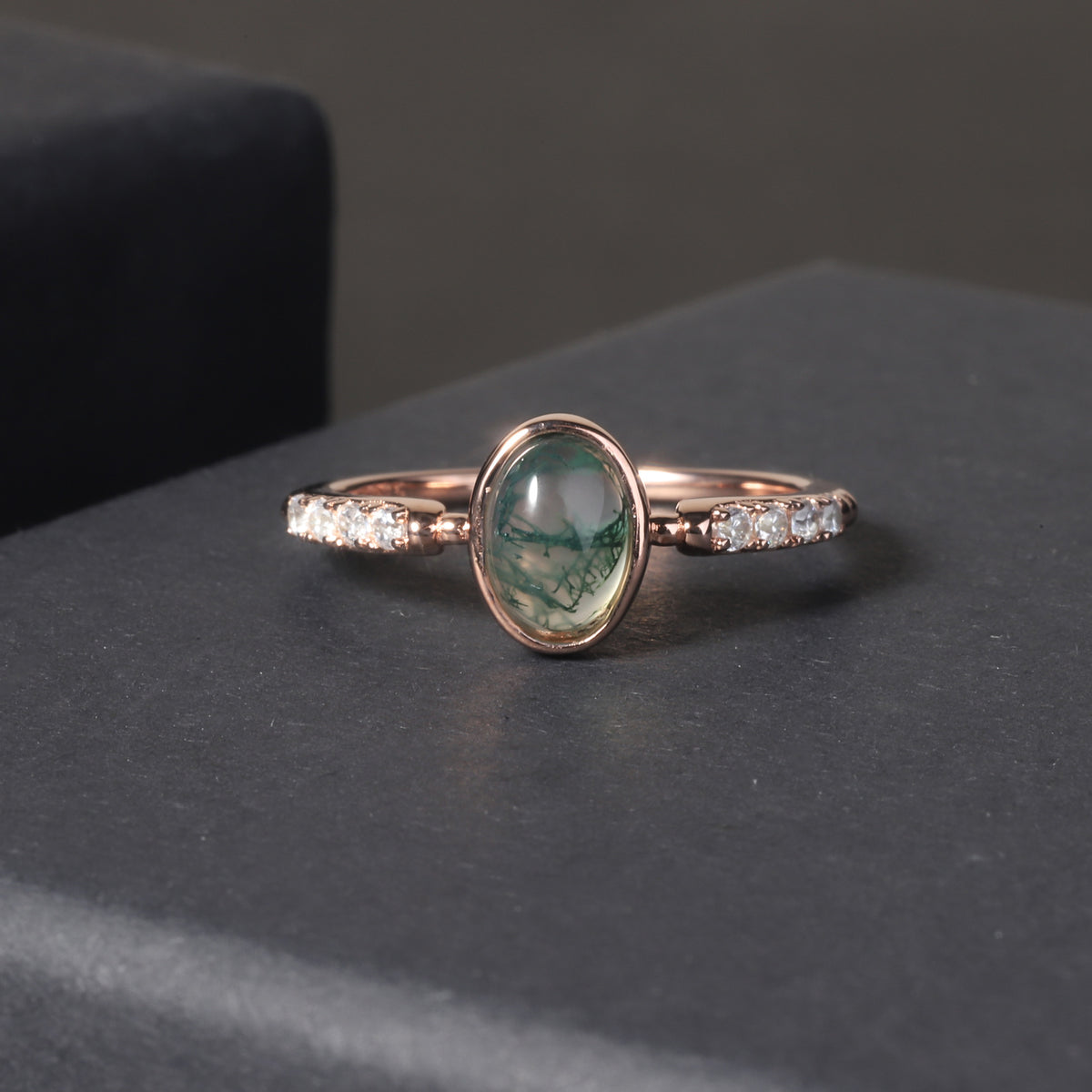 OliyaDesign Custom-Made 925 Sterling Silver Ring Plated With 18K Rose Gold And Moss Agate