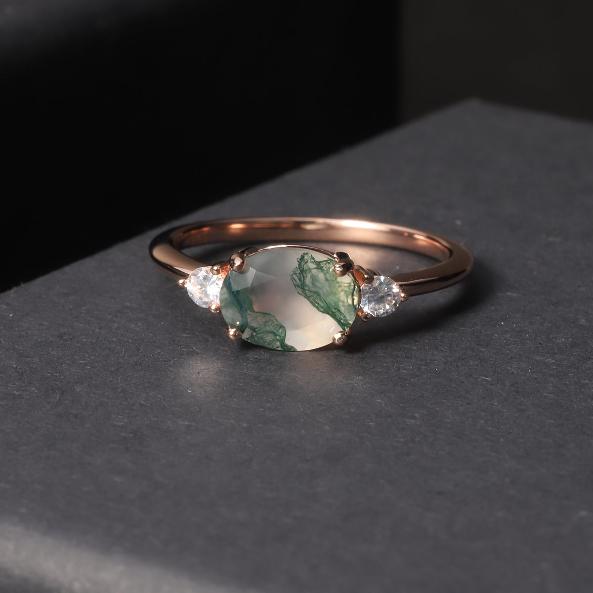 OliyaDesign Custom-Made 925 Sterling Silver Ring Plated With 18K Rose Gold And Moss Agate