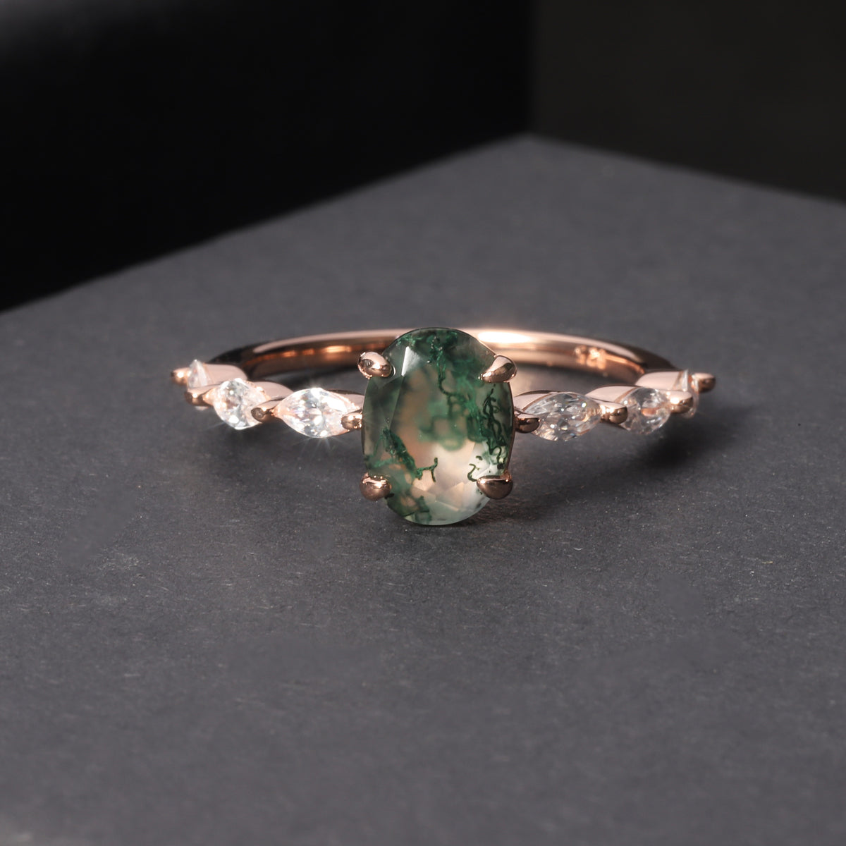 OliyaDesign Custom-Made 925 Sterling Silver Ring Plated With 18K Rose Gold And Moss Agate