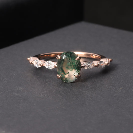 OliyaDesign Custom-Made 925 Sterling Silver Ring Plated With 18K Rose Gold And Moss Agate