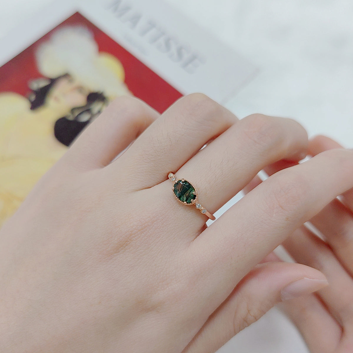 OliyaDesign Custom-Made 925 Sterling Silver Ring Plated With 18K Rose Gold And Moss Agate