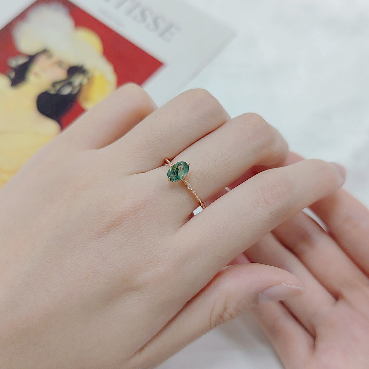 OliyaDesign Custom-Made 925 Sterling Silver Ring Plated With 18K Rose Gold And Moss Agate