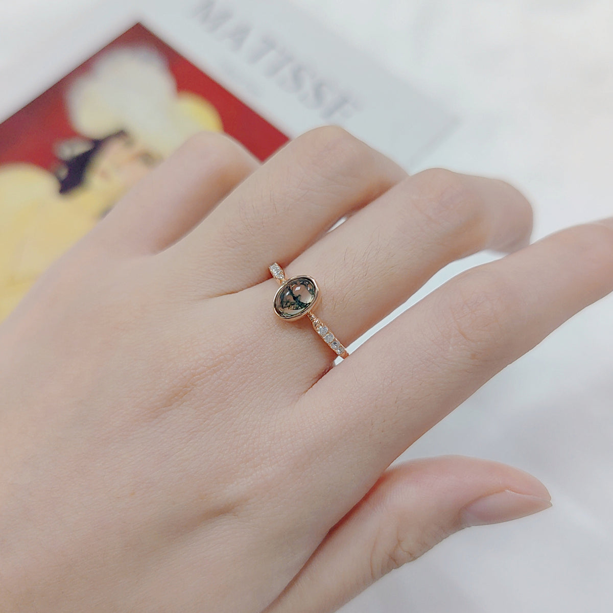 OliyaDesign Custom-Made 925 Sterling Silver Ring Plated With 18K Rose Gold And Moss Agate