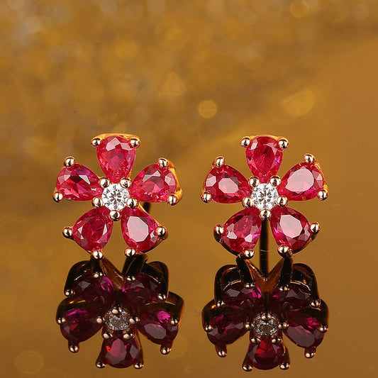OliyaDesign Five-Petal Ruby Flower Earrings For Women