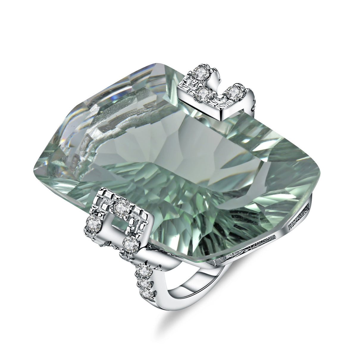 OliyaDesign S925 Sterling Silver Green Amethyst Ring, Irregular Shaped Large Carat Ring