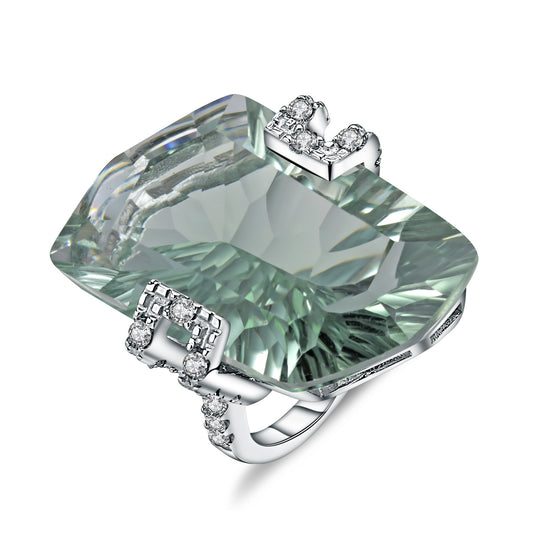 OliyaDesign S925 Sterling Silver Green Amethyst Ring, Irregular Shaped Large Carat Ring