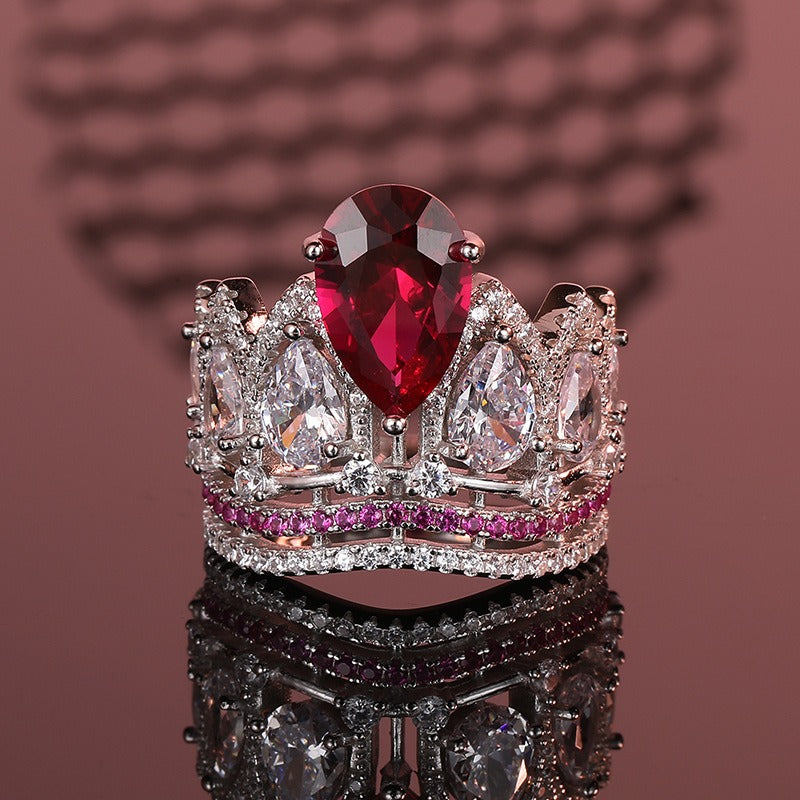OliyaDesign 925 Sterling Silver Crown Teardrop Red Gemstone Ring