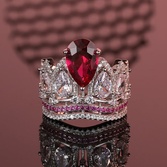 OliyaDesign 925 Sterling Silver Crown Teardrop Red Gemstone Ring