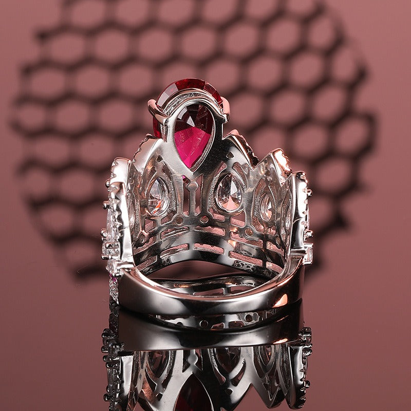 OliyaDesign 925 Sterling Silver Crown Teardrop Red Gemstone Ring