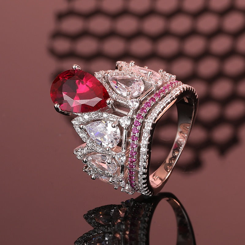 OliyaDesign 925 Sterling Silver Crown Teardrop Red Gemstone Ring