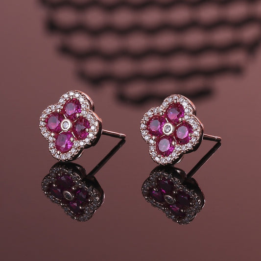 OliyaDesign 925 Sterling Silver Rose Gold Four-Petal Flower Earrings