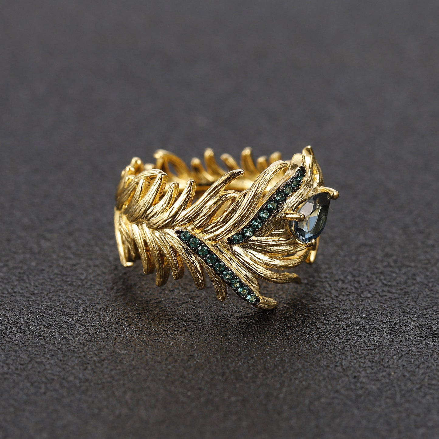 OliyaDesign Adjustable Opening, Phoenix Feather Design, Niche 925 Silver Natural Topaz Ring